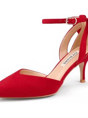 Women's Red Pumps Kitten Bow Heels Closed Pointed Toe Sandals Ankle Strap